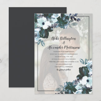 Invitation Photo de mariage floral bleu crépuscule poussiéreu