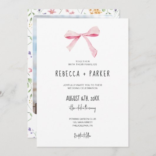Invitation Photo de mariage floral Bow rose vif et code Qr (Devant / Derrière)