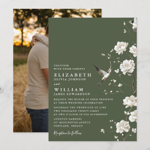 Invitation Photo de mariage floral en chinoiserie vert olive