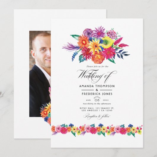 Invitation Photo de mariage Floral Fiesta (Devant / Derrière)
