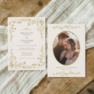 Invitation Photo de mariage floral français or et ivoire vint