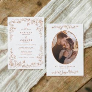 Invitation Photo de mariage floral français orange cuivre vin