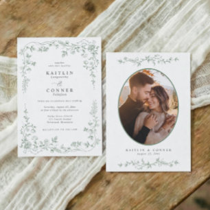 Invitation Photo de mariage floral français vert sauge vintag