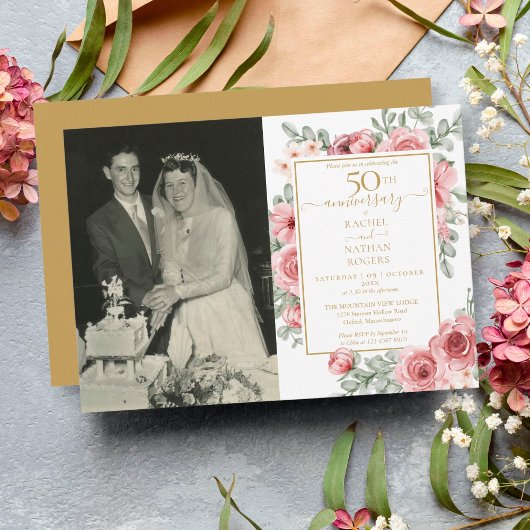 Invitation Photo de mariage floral rose 50e anniversaire de m