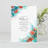 Invitation Photo de Mariage floral turquoise et corail (Debout devant)