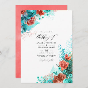 Invitation Photo de Mariage floral turquoise et corail