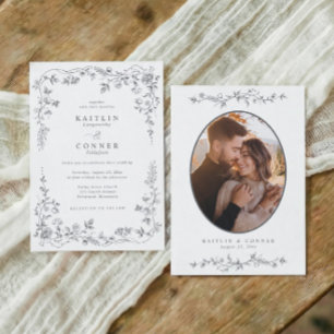 Invitation Photo de mariage floral vintage gris argenté franç
