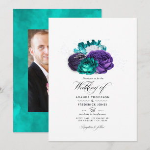 Invitation Photo de mariage floral violet rustique et turquoi