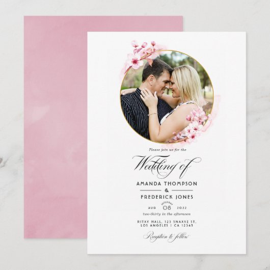 Invitation Photo de mariage géométrique rose cerise en fleurs (Devant / Derrière)