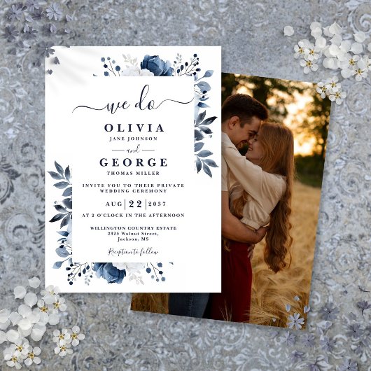 Invitation Photo de mariage intime privé à fleurs bleues