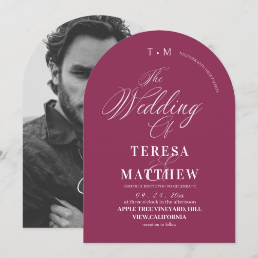 Invitation Photo de mariage moderne avec écriture Fuchsia (Devant / Derrière)