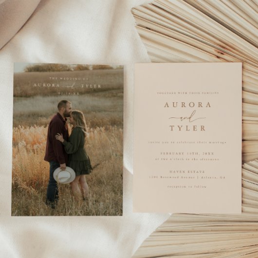 Invitation Photo de mariage moderne avec écriture Tan