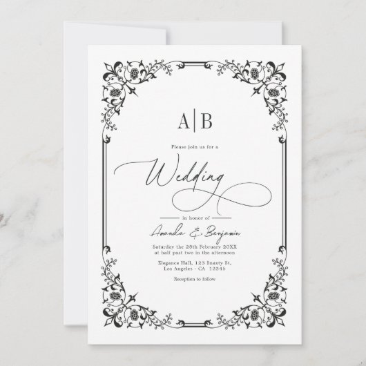 Invitation Photo de Mariage noir et blanc monogramme et code (Devant)