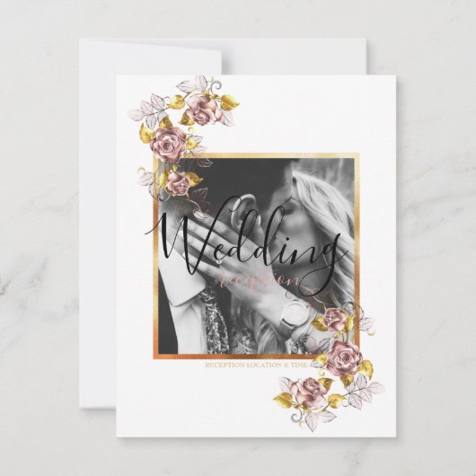 Invitation Photo de mariage personnalisée Floral Gold Script (Dos)