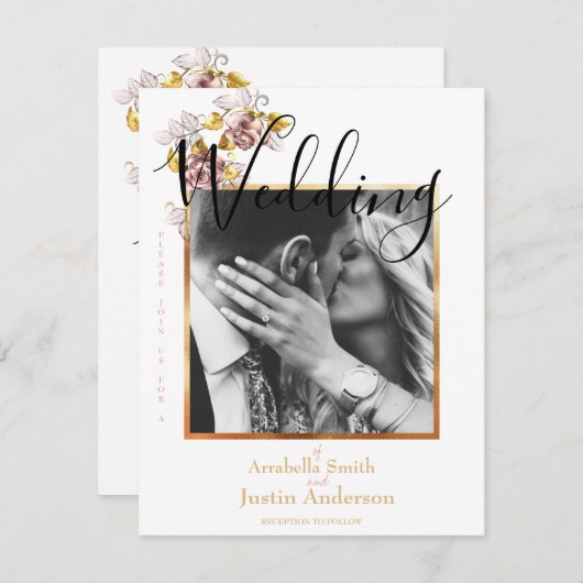 Invitation Photo de mariage personnalisée Floral Gold Script (Devant / Derrière)
