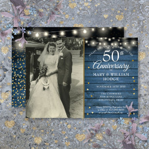 Invitation Photo de mariage rustique avec cœurs dorés pour 50