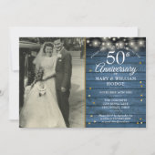 Invitation Photo de mariage rustique avec cœurs dorés pour 50 (Devant)