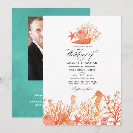 Invitation Photo de mariage Turquoise et Coral Beach (Devant / Derrière)