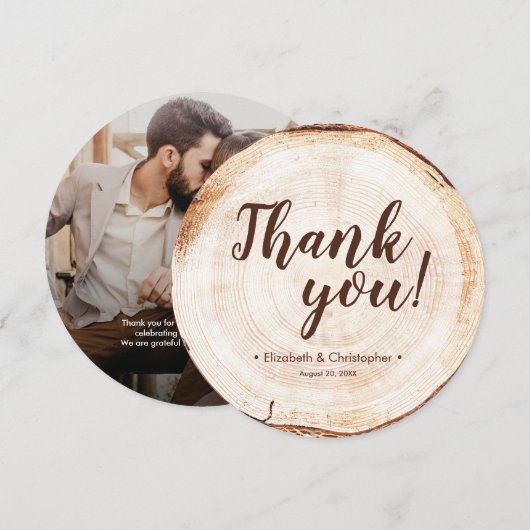 Invitation Photo de mariage unique sur tranche de bois rustiq (Devant / Derrière)