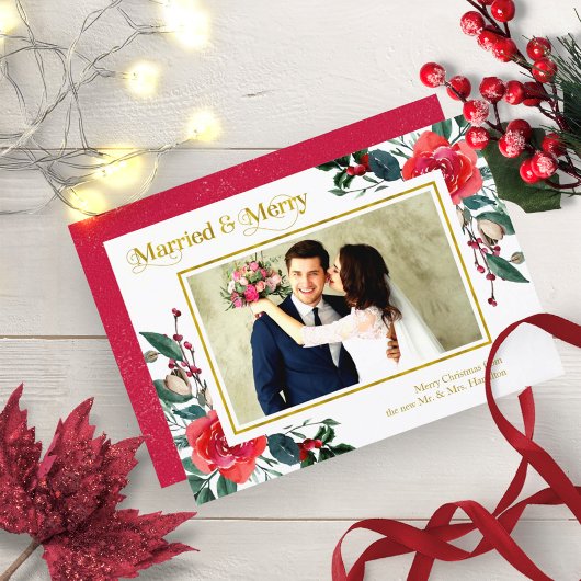Invitation Photo de Married And Merry Red Floral Christmas