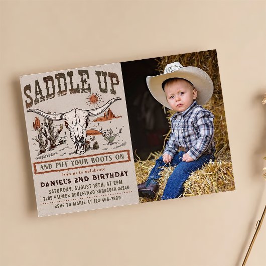 Invitation Photo de naissance de style western cowboy Saddle 
