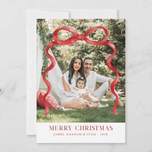 Invitation Photo de Noël moderne Red Bow Joyeux (Devant)