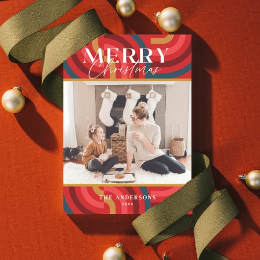 Invitation Photo de Noël rouge géométrique et rétro Maximale