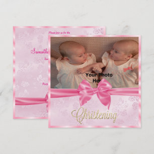 Invitation Photo de nœud en satin pour jumelles Christening