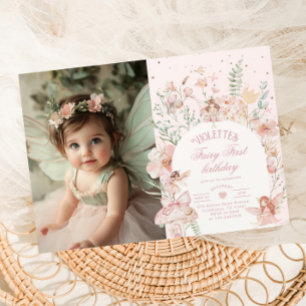 Invitation Photo de premier anniversaire de fée pastel et fan