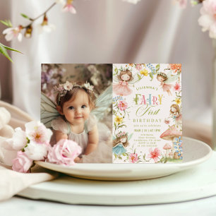 Invitation Photo de premier anniversaire féerique coloré ench