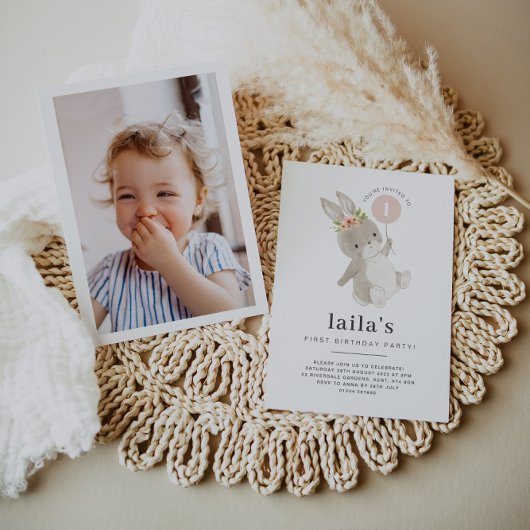 Invitation Photo de Premier Anniversaire Lapin Bal