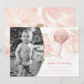 Invitation photo de premier anniversaire rose flor (Devant / Derrière)