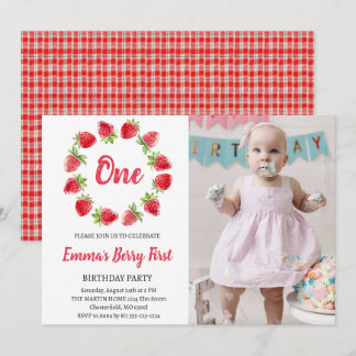 Invitation Photo de premier anniversaire Strawberry Berry