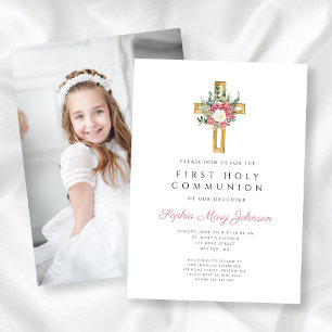 Invitation Photo de première communion de fille avec croix fl