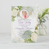 Invitation Photo de première communion de la floraison blanch (Debout devant)