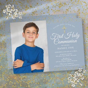 Invitation Photo de première communion Dusty Blue Gold Dust