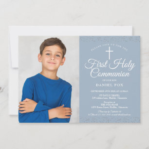 Invitation Photo de première communion Dusty Blue Stardust