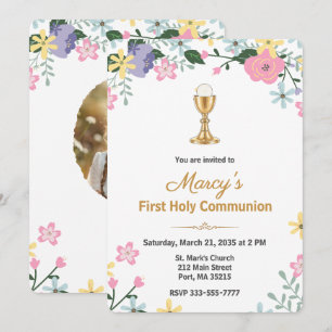 Invitation Photo de première communion florale élégante