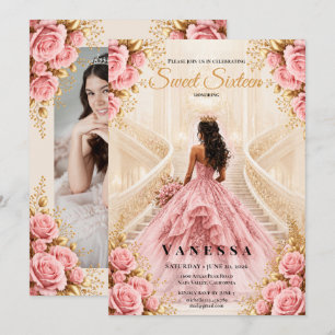 Invitation photo de princesse douce 16 ans rose et