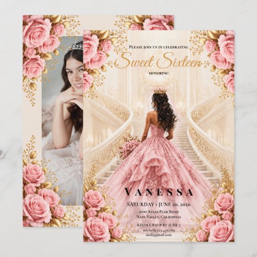 Invitation photo de princesse douce 16 ans rose et (Devant / Derrière)