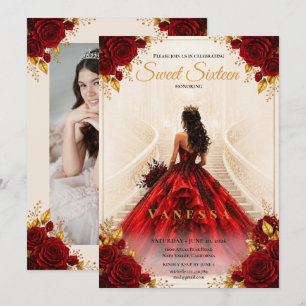 Invitation photo de princesse rouge or sweet 16