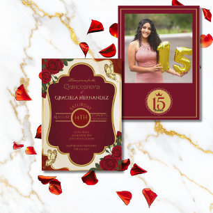 Invitation photo de Quinceañera en Bourgogne et Or