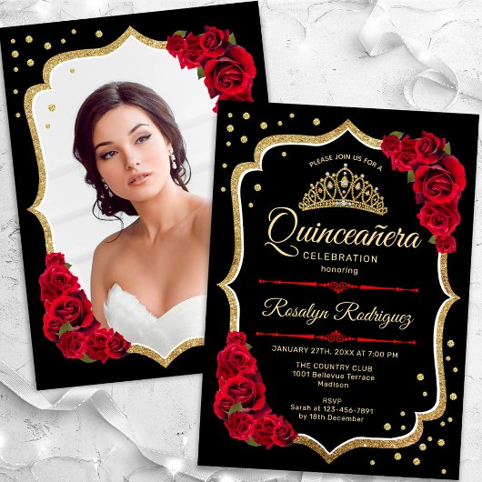 Invitation Photo de Quinceanera en or rouge noir