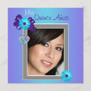 Invitation Photo de Quinceanera Fleur de Daisy Violet Bleu