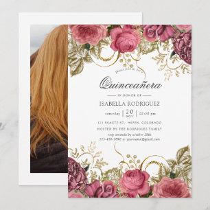 Invitation Photo de Quinceañera florale vintage rose et or