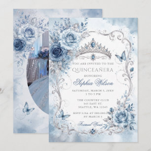 Invitation Photo de Quinceañera papillon floral bleu poussiér