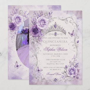 Invitation Photo de Quinceañera papillon floral violet argent