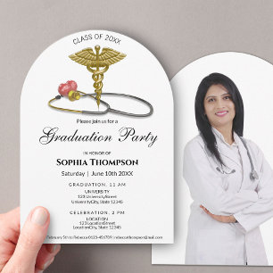 Invitation Photo de remise de diplôme Caducée Or Stéthoscope 