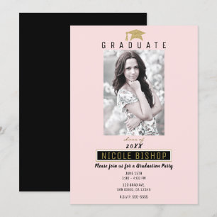 Invitation Photo de remise de diplôme Or Noir Rose Fête de fi