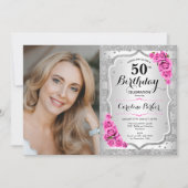 Invitation Photo de roses roses argentées élégantes pour 50e (Devant)